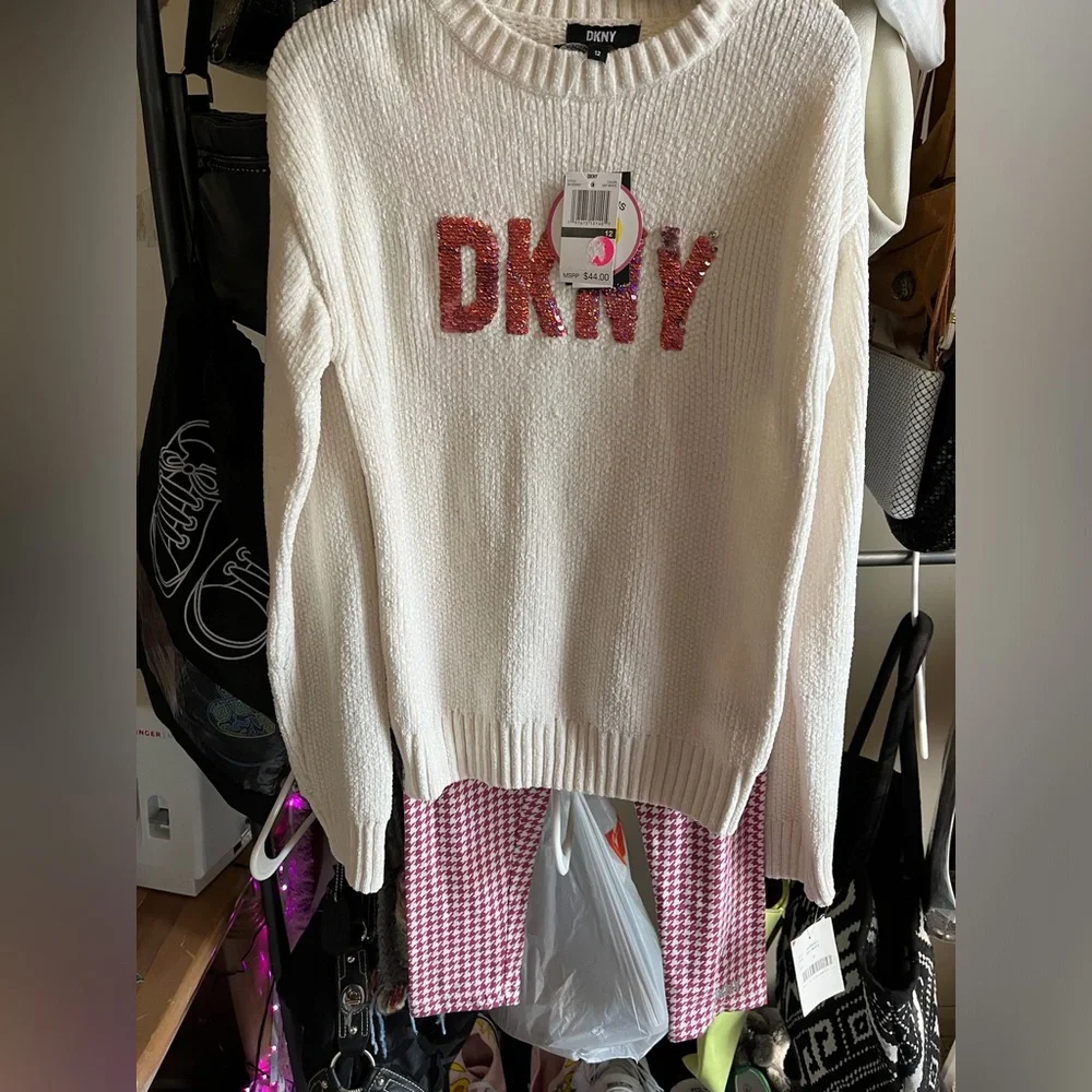 New DKNY Pink Sequin Logo Knit - Picture 1 of 4